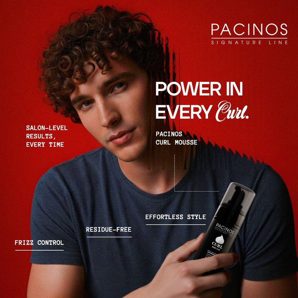 Pacinos styling foam bottle showing professional barber grade hair mousse