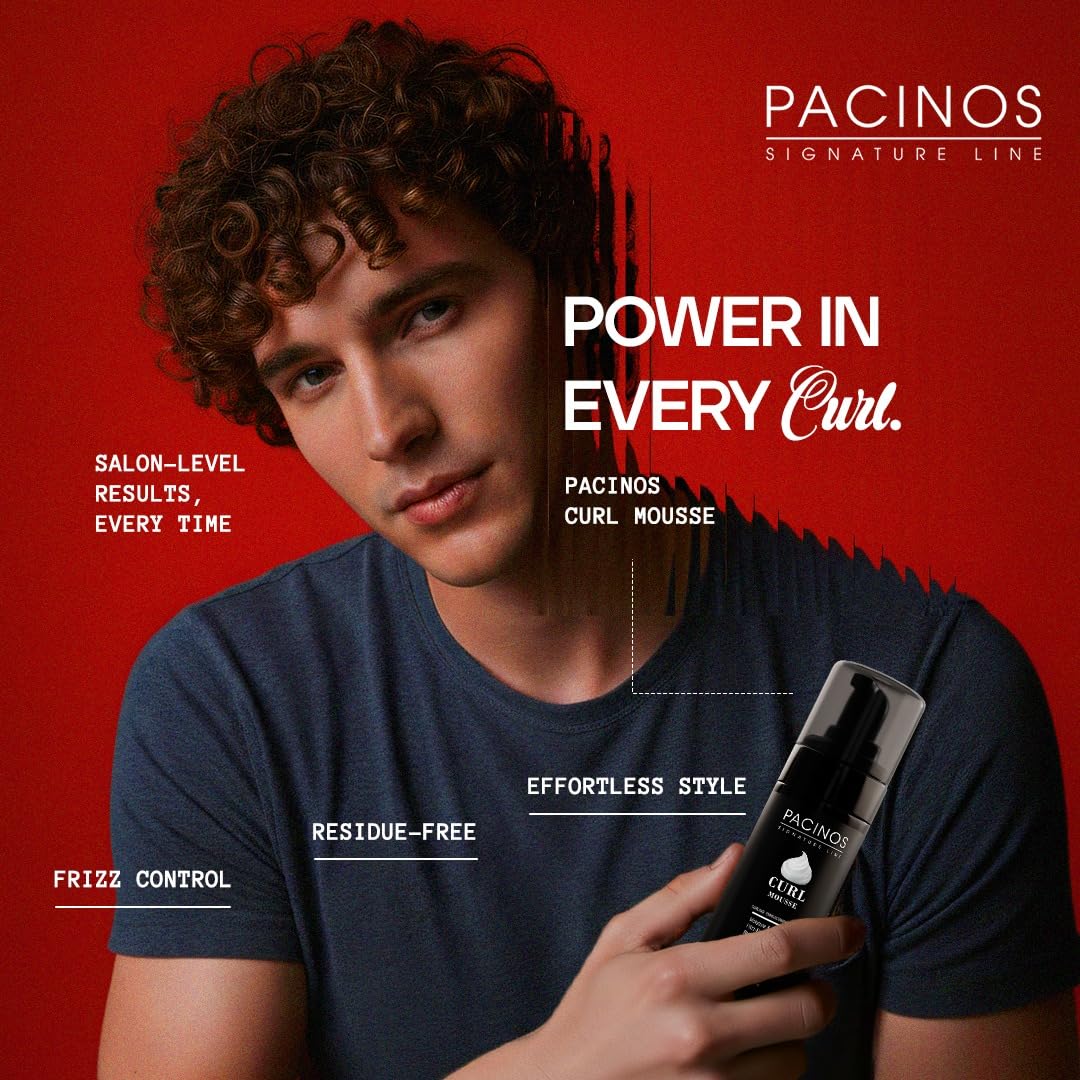 Pacinos styling foam bottle showing professional barber grade hair mousse