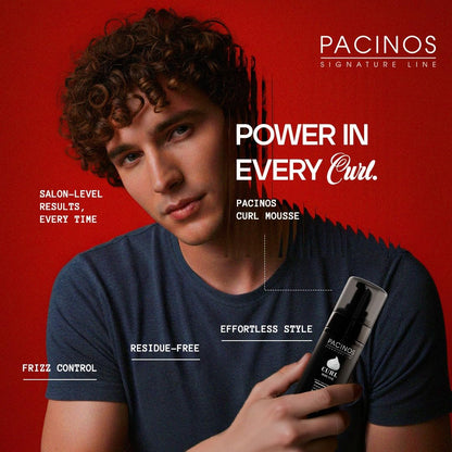 Pacinos styling foam bottle showing professional barber grade hair mousse