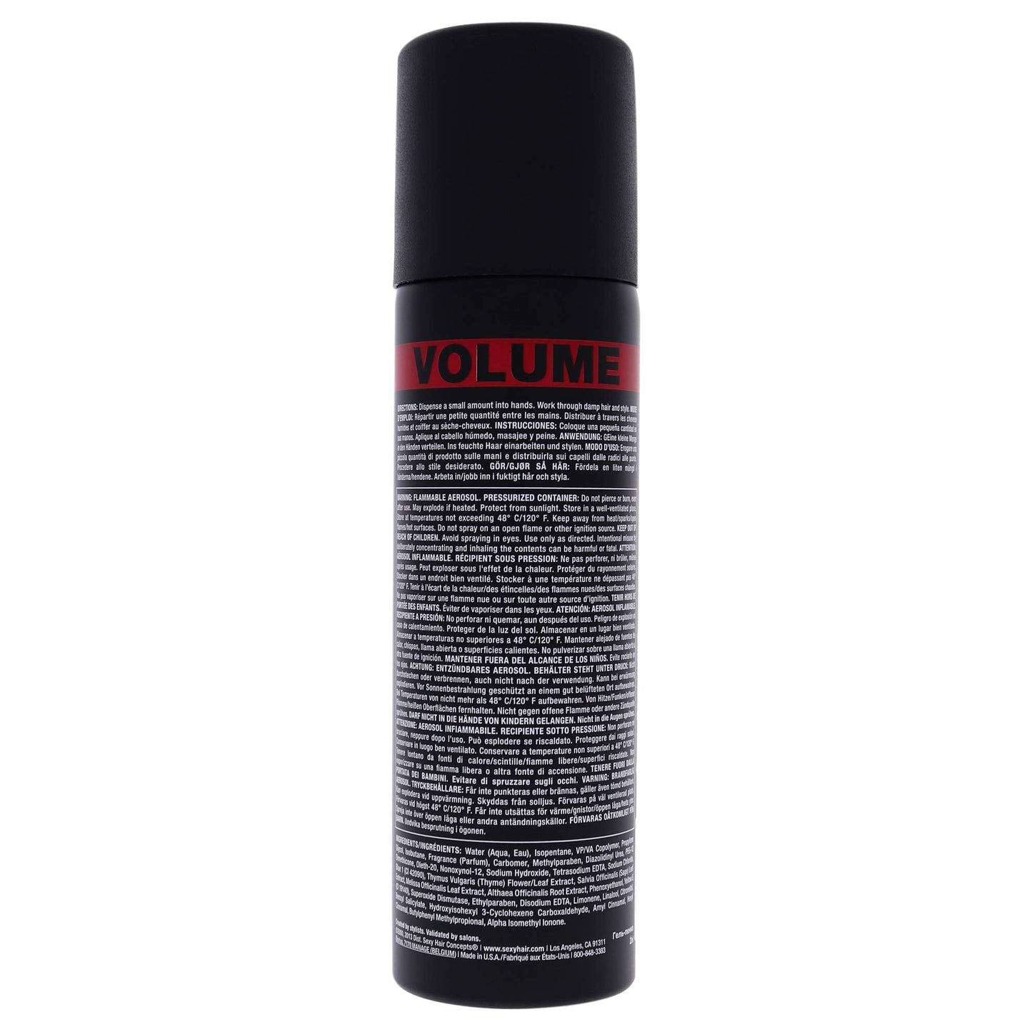 Authentic SexyHair professional volumizing hair gel foam container highlighting seventy two hour humidity control and thermal protection features.