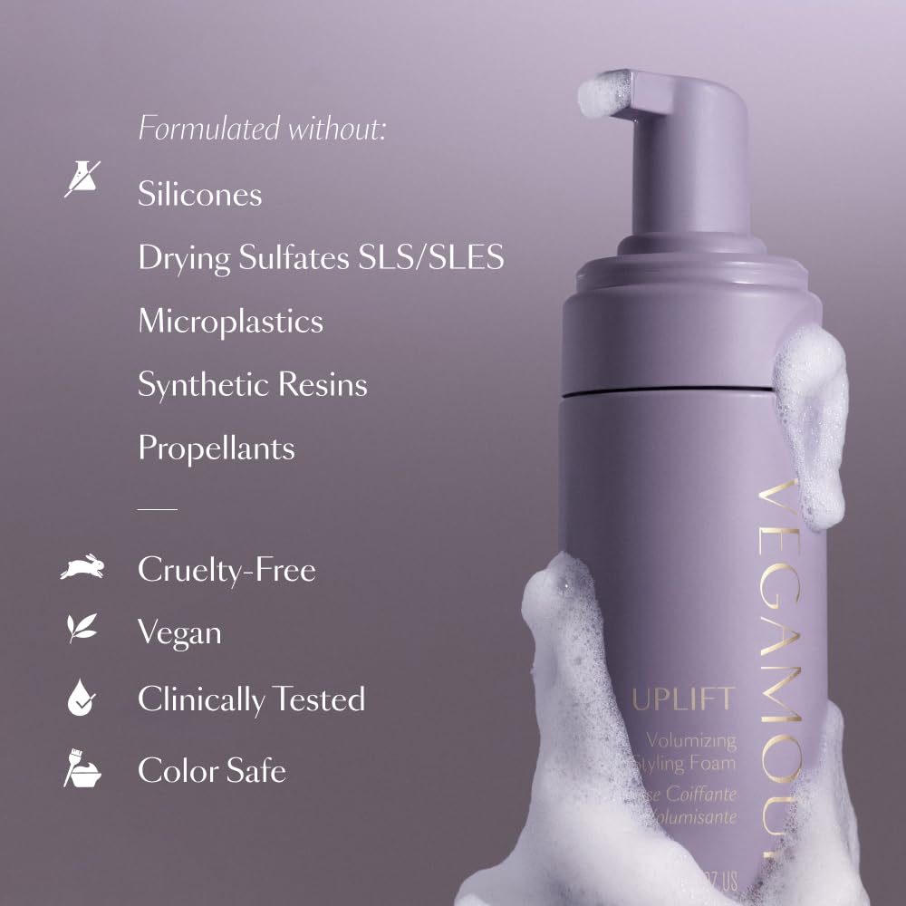 Vegamour Uplift foam for touchable fullness and bouncy soft hair result representation