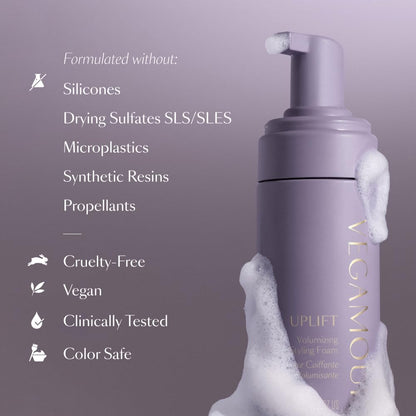 Vegamour Uplift foam for touchable fullness and bouncy soft hair result representation