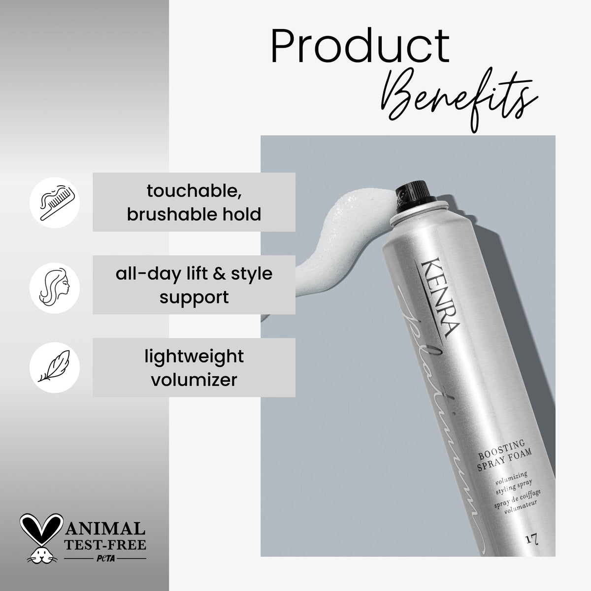 Kenra Professional styling spray foam applied to damp hair for root lift