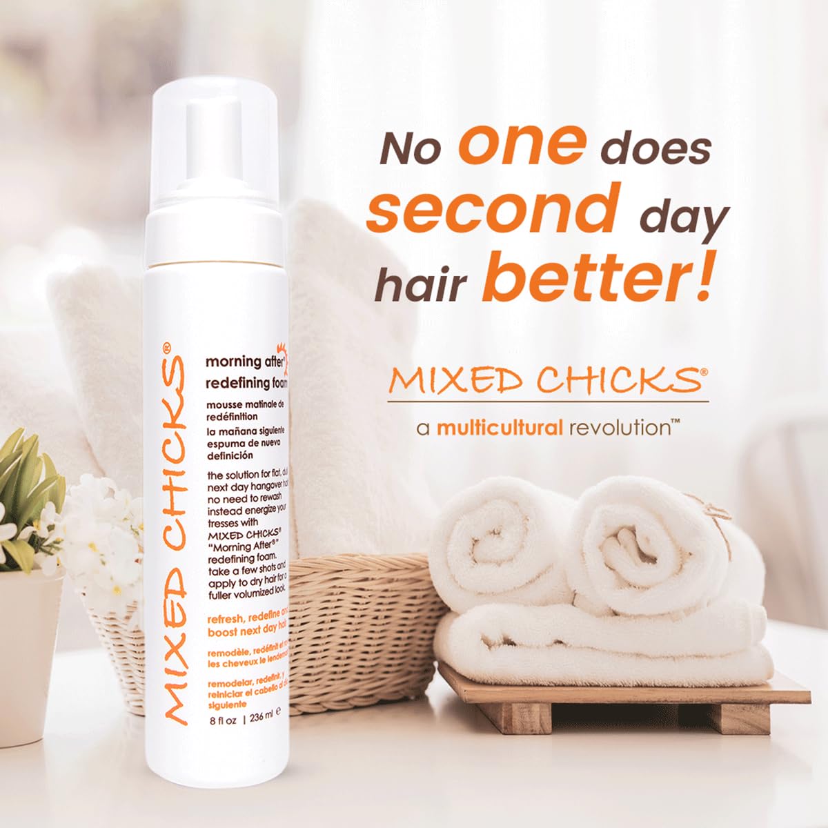 Mixed Chicks hair foam side angle showing eight fluid ounces packaging details