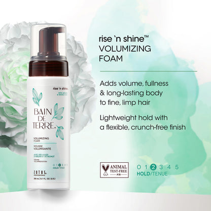 Bain De Terre lightweight medium hold hair mousse bottle showcasing the vegan and paraben-free label