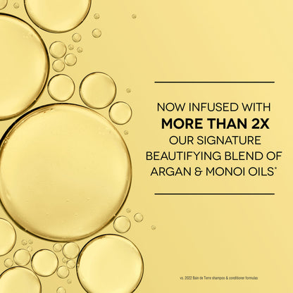 Back label of Bain De Terre Rise N Shine styling foam detailing the argan and monoi oil ingredients