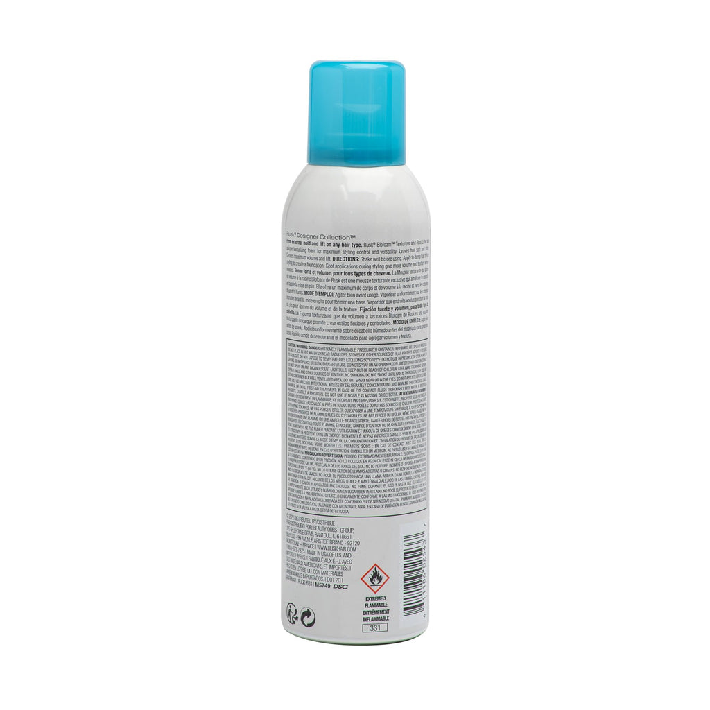 Rusk Blofoam spray-on texturizing foam bottle with light blue cap highlighting its paraben-free salon formula.