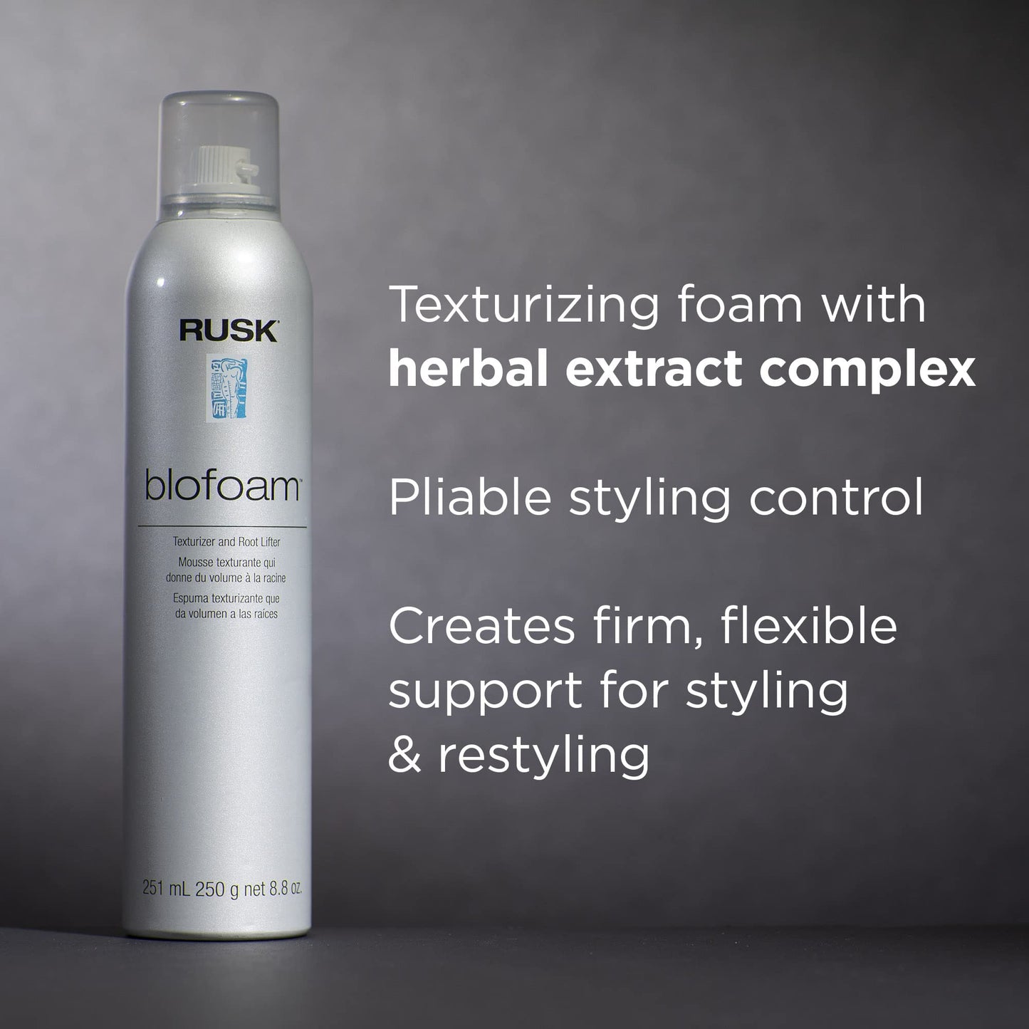 Authentic Rusk professional root lifter spray showing packaging details for fine and limp hair volume.