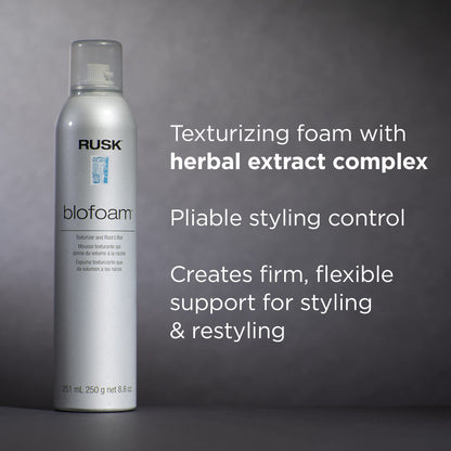 Authentic Rusk professional root lifter spray showing packaging details for fine and limp hair volume.