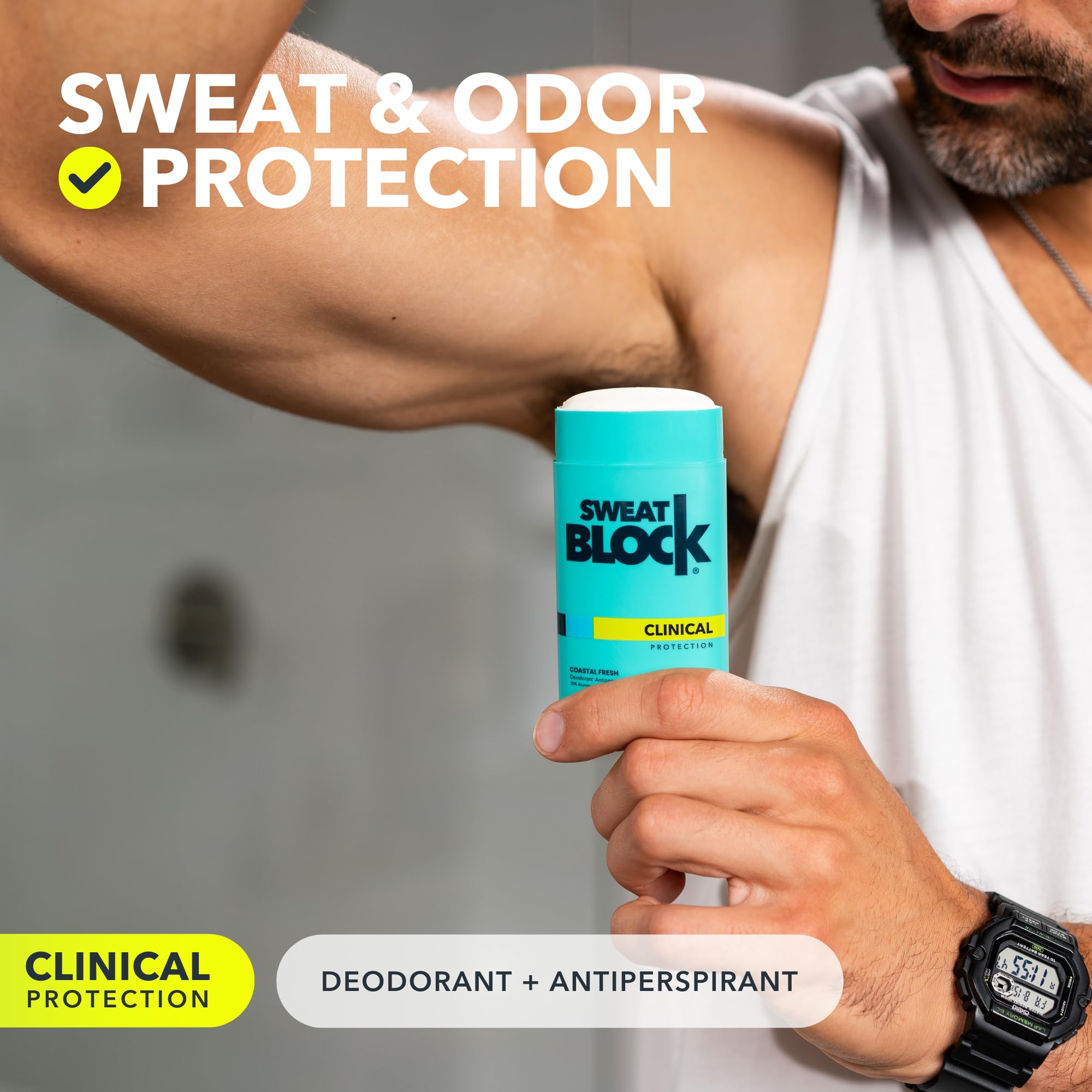 SweatBlock Coastal Fresh antiperspirant stick showing smooth glide application