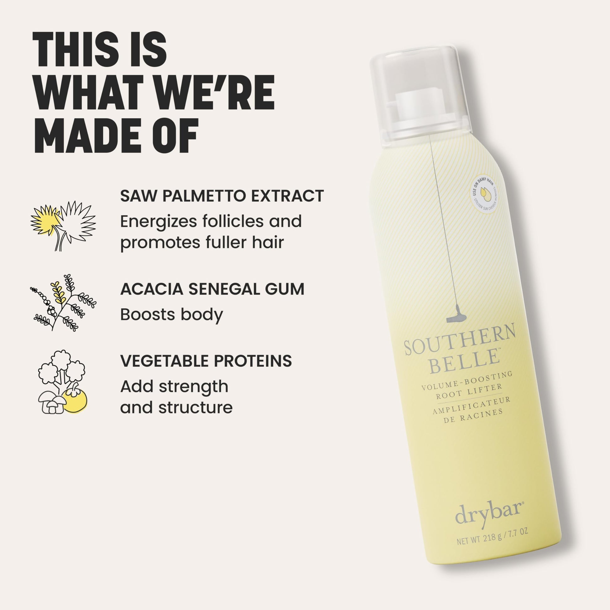 Drybar Southern Belle root lifter back label showing ingredients and directions
