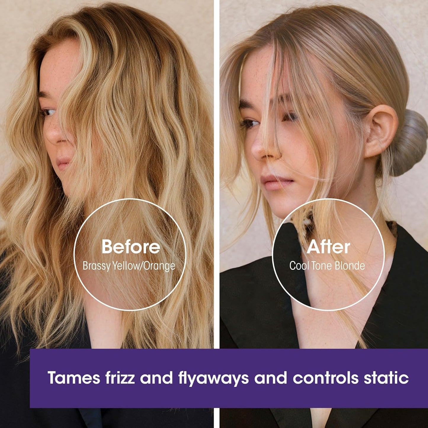 Lightweight purple toning foam dispensed on a hand for application