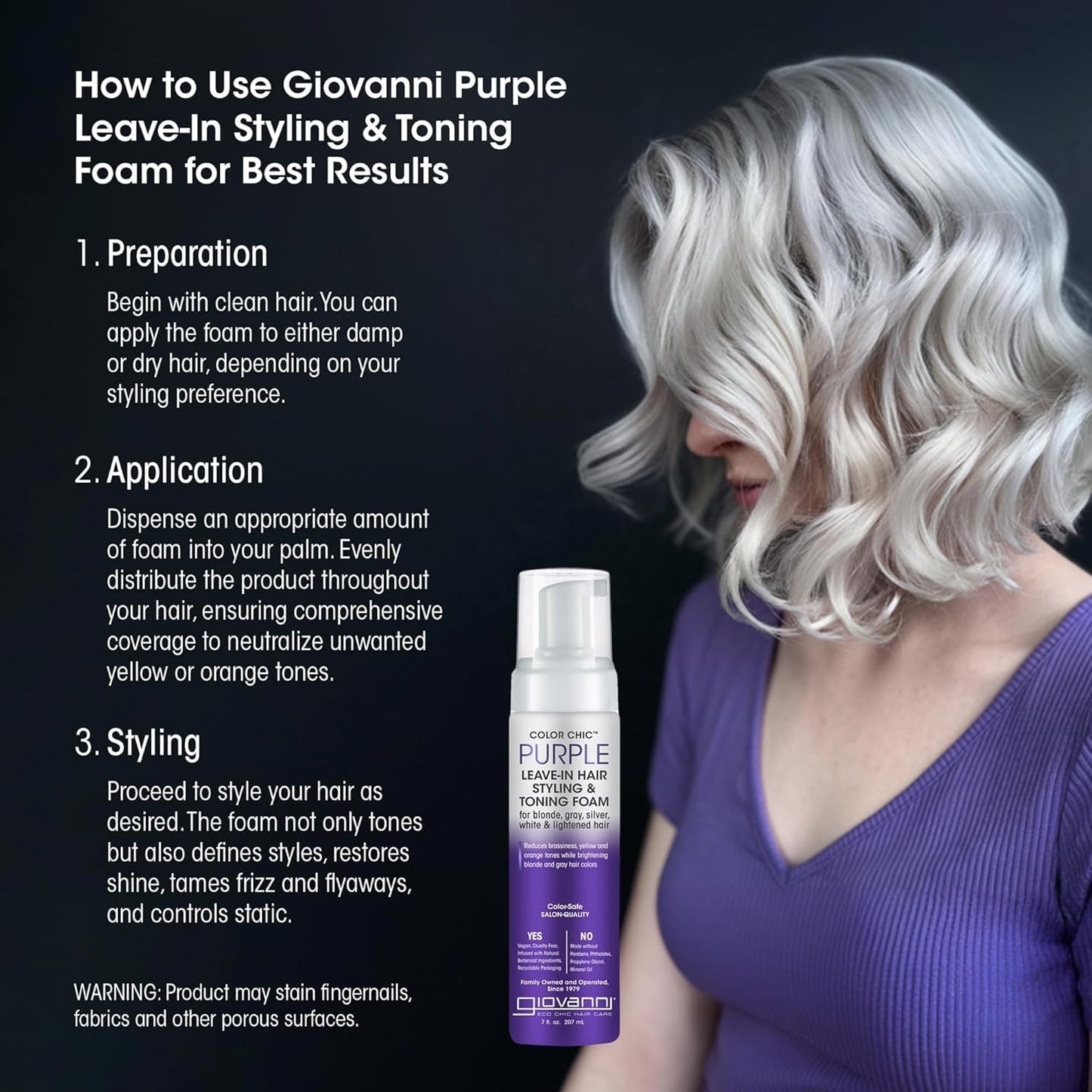 Cruelty free and vegan USA imported Giovanni anti brassiness hair mousse