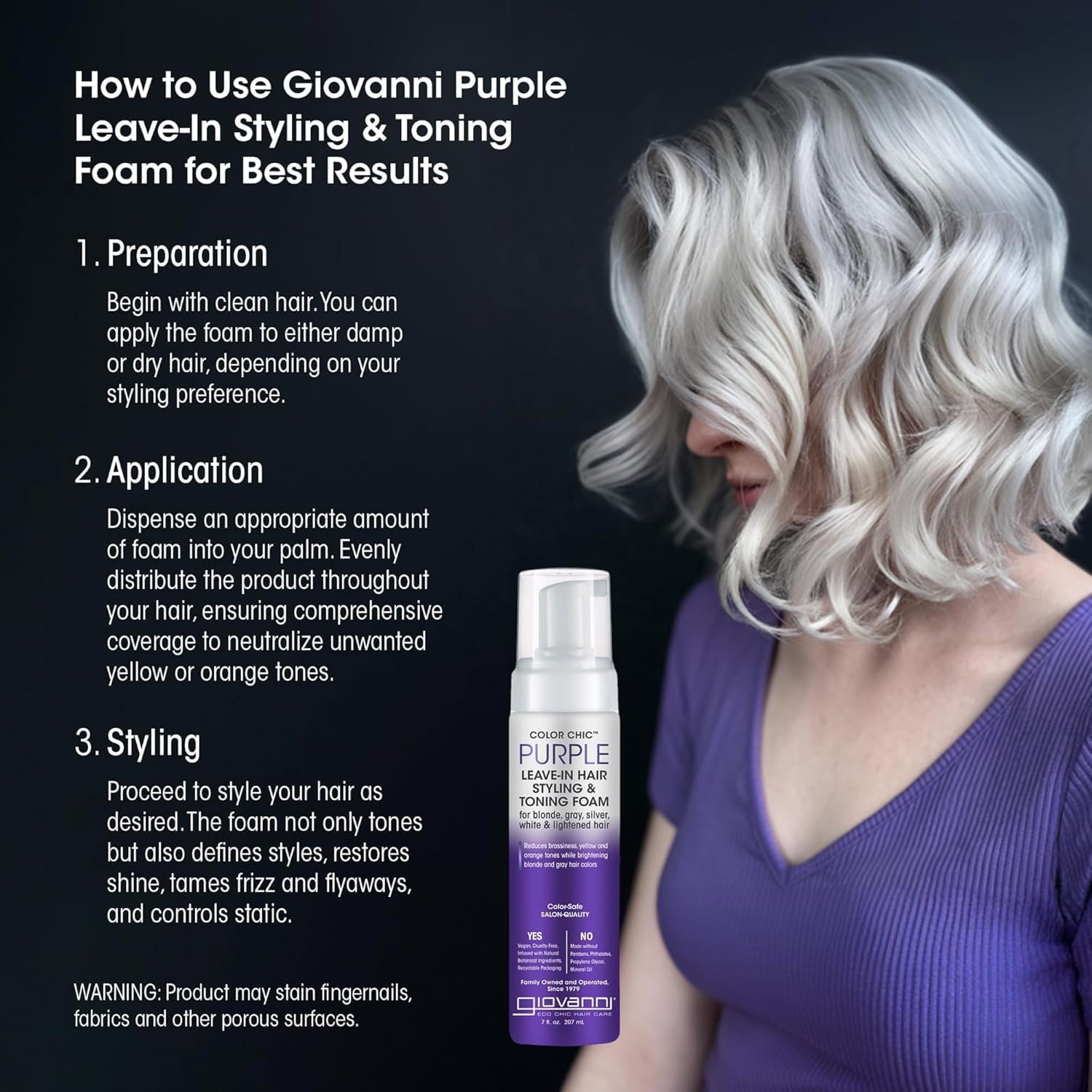 Cruelty free and vegan USA imported Giovanni anti brassiness hair mousse