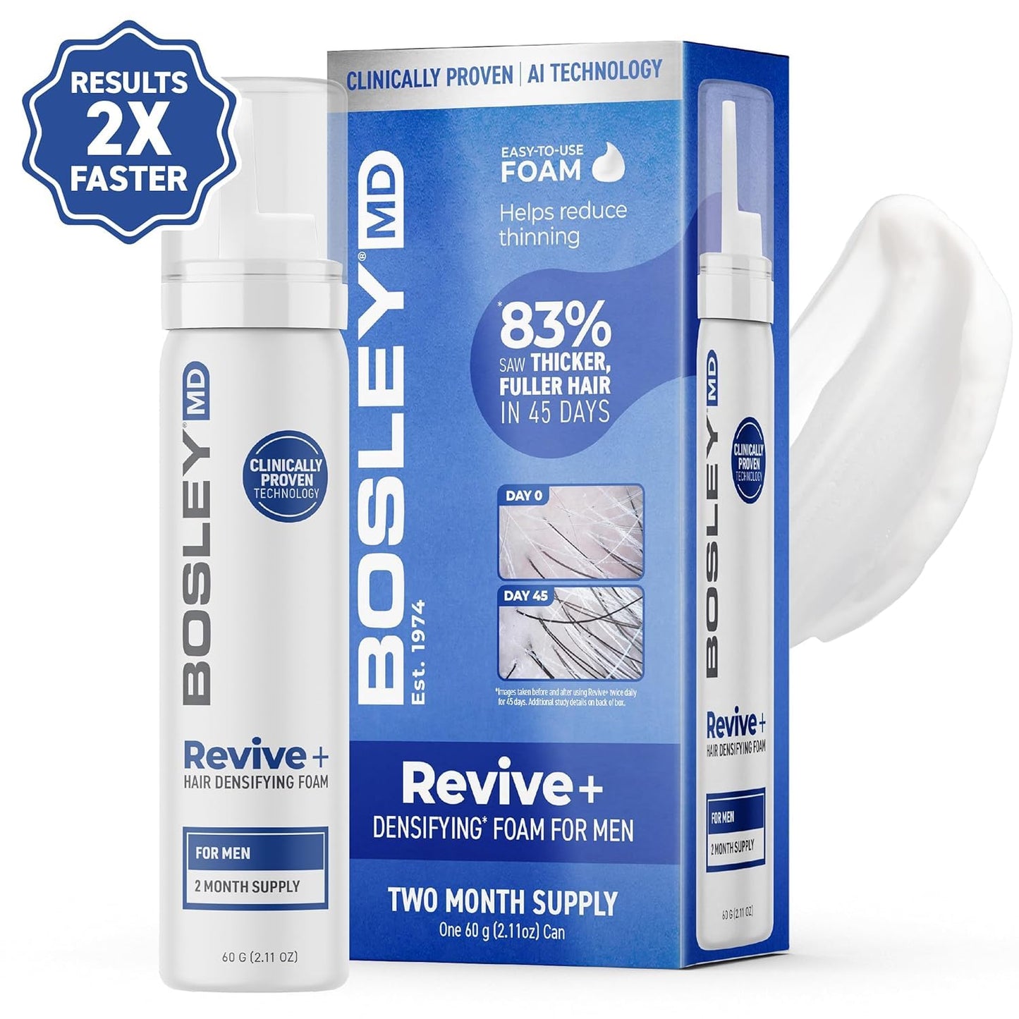BosleyMD men's hair regrowth solution foam dispensing for scalp application