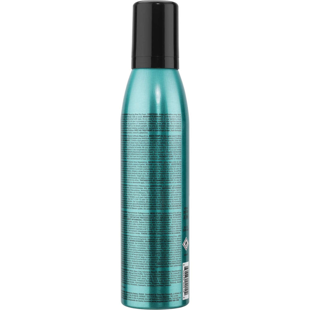Teal aerosol canister of SexyHair Healthy Active Recovery Foam for hair breakage reduction
