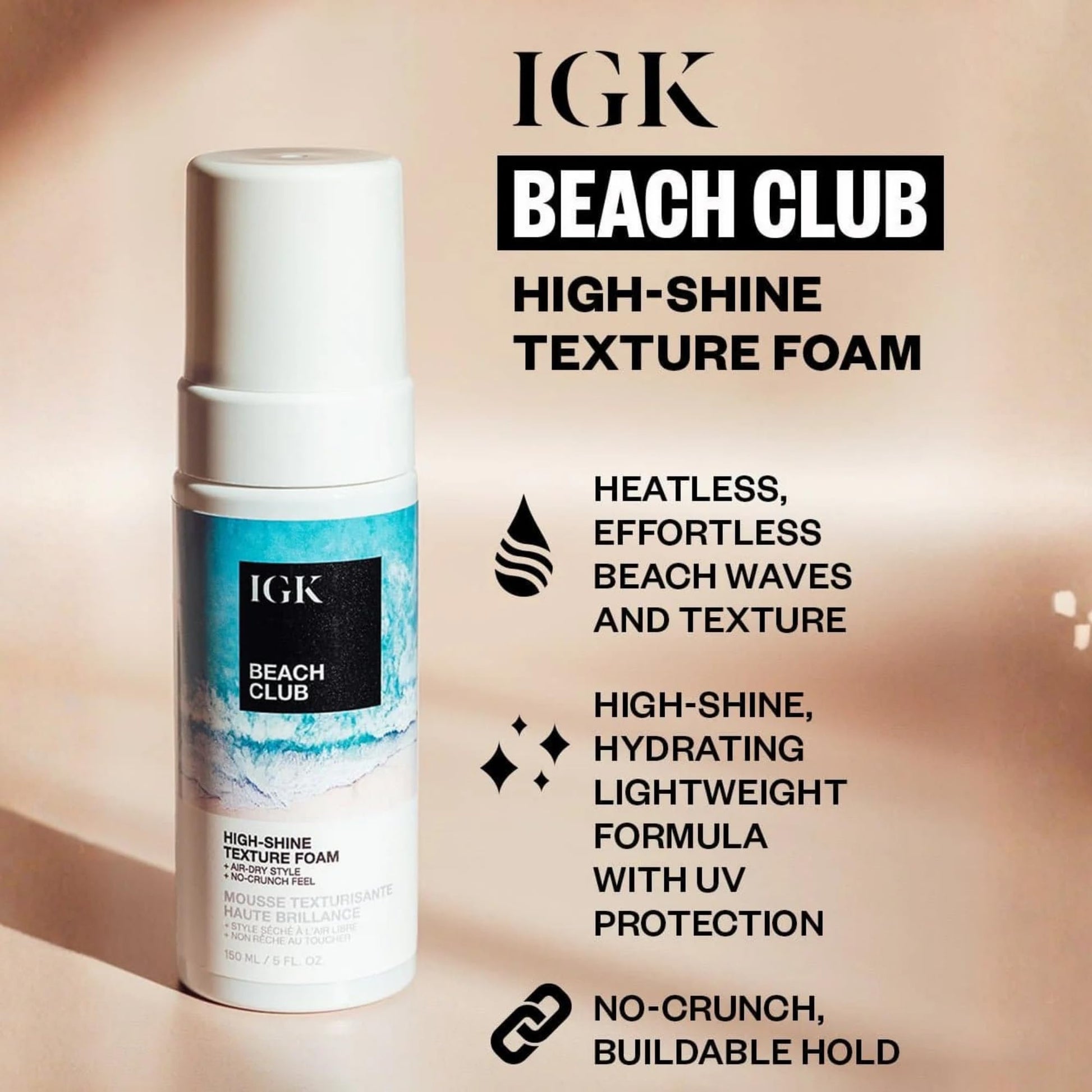 IGK Beach Club styling foam bottle displaying hydrating ingredients like aloe and coconut water