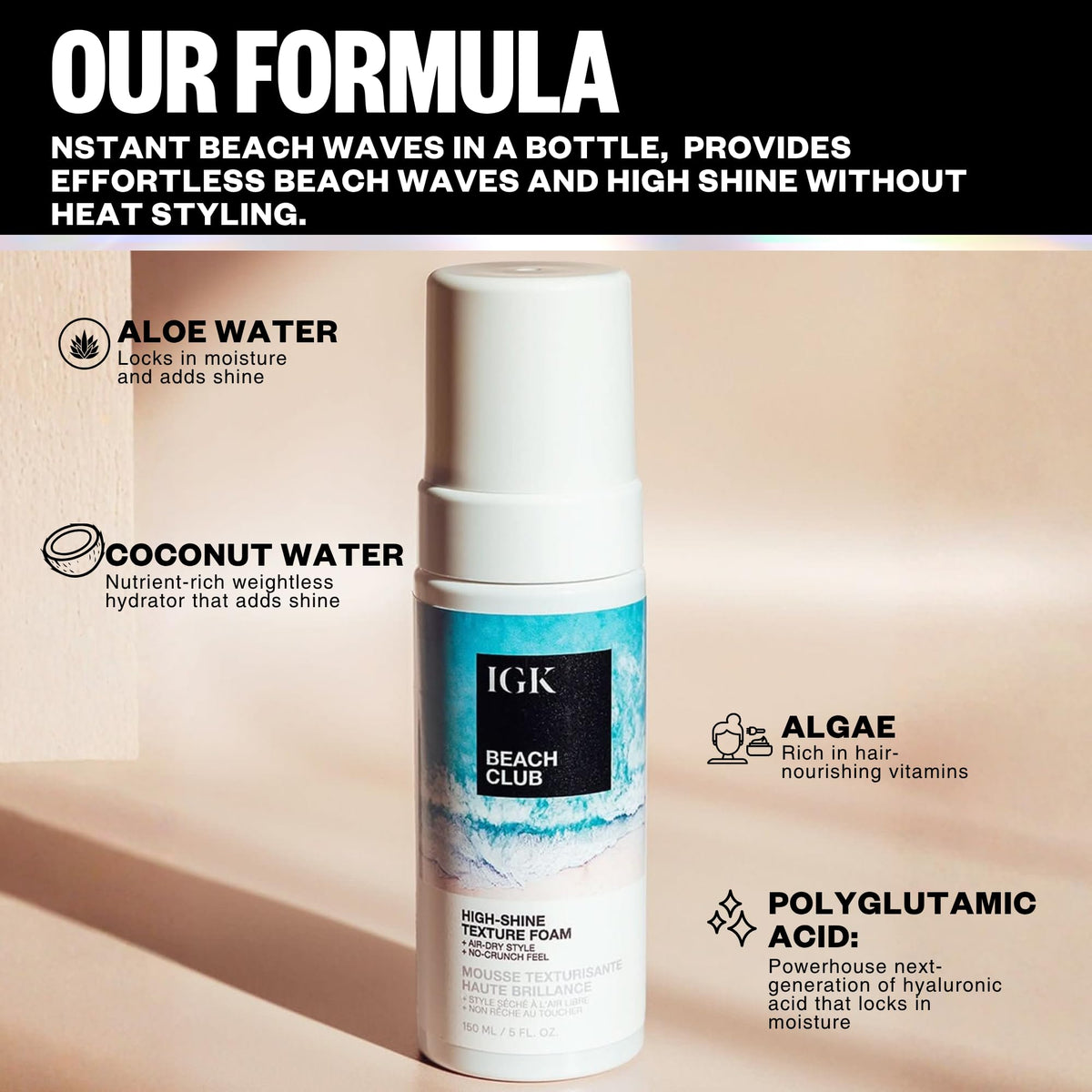 IGK Beach Club premium salon quality texture foam for wavy curly and straight hair types