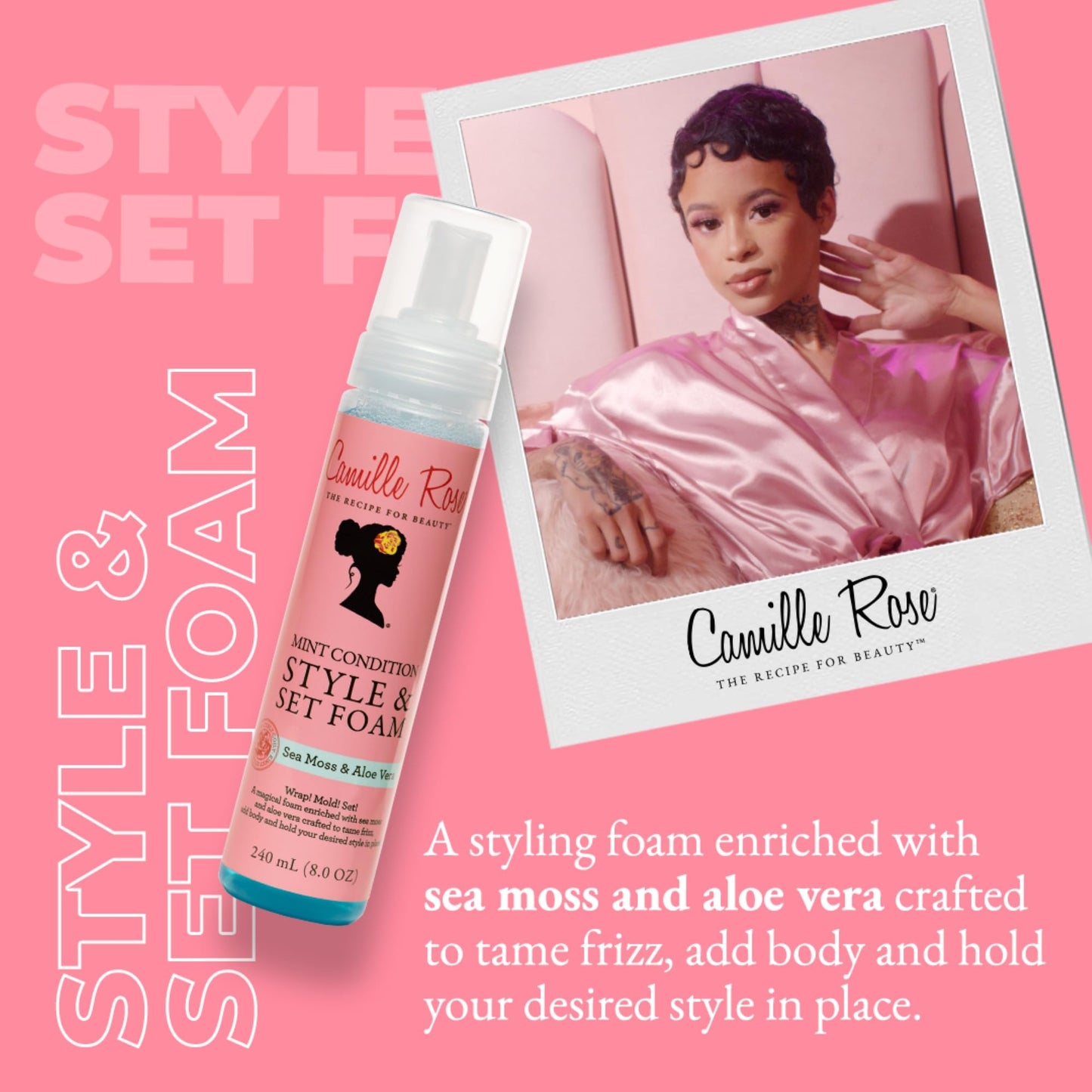 Camille Rose sea moss and aloe vera hair styling mousse for frizz control