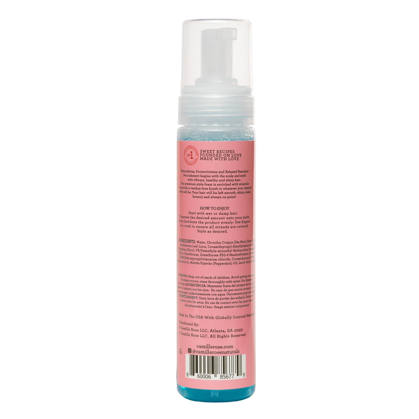 Hydrating hair styling mousse showing ingredients and usage directions