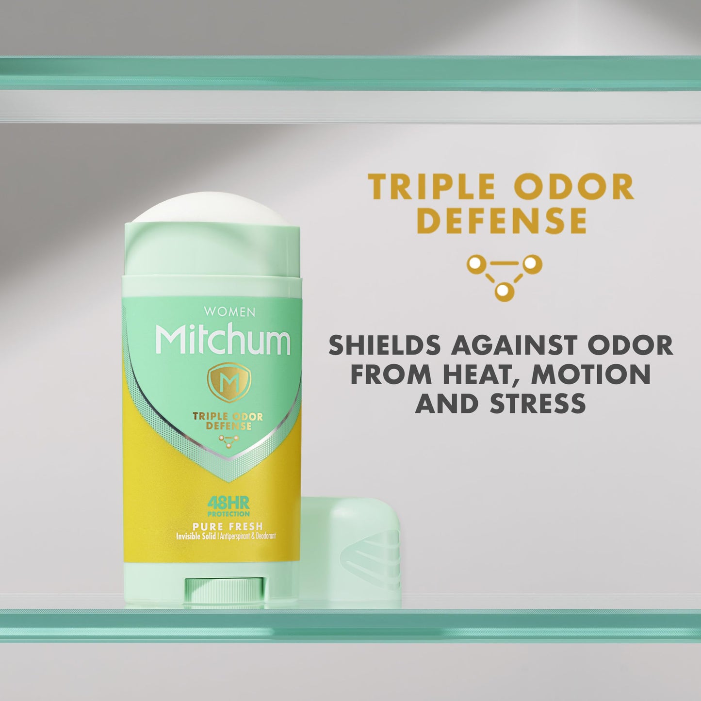Authentic imported Mitchum Women Pure Fresh antiperspirant solid stick packaging overview.