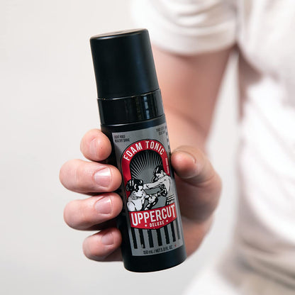 Uppercut Deluxe hair and scalp care foam tonic side profile view