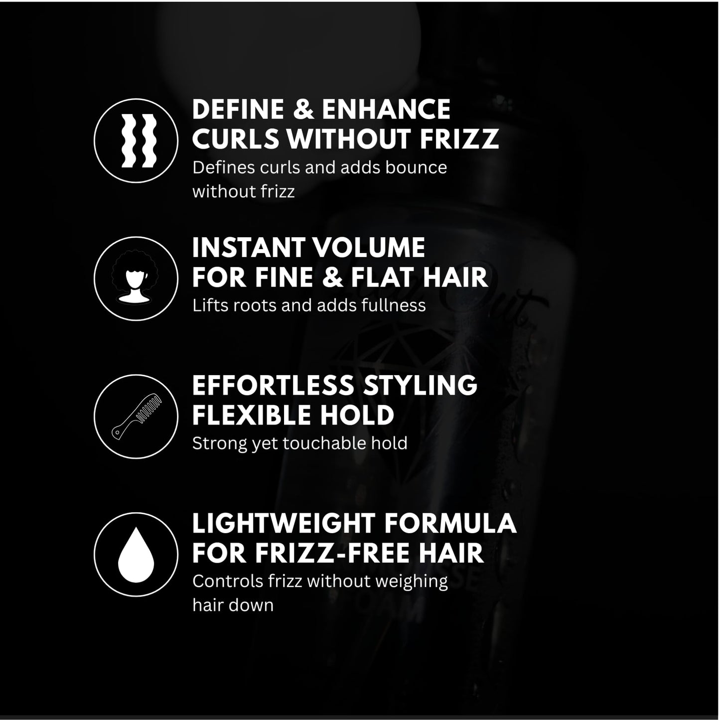 Back label of premium volumizing hair mousse with usage instructions