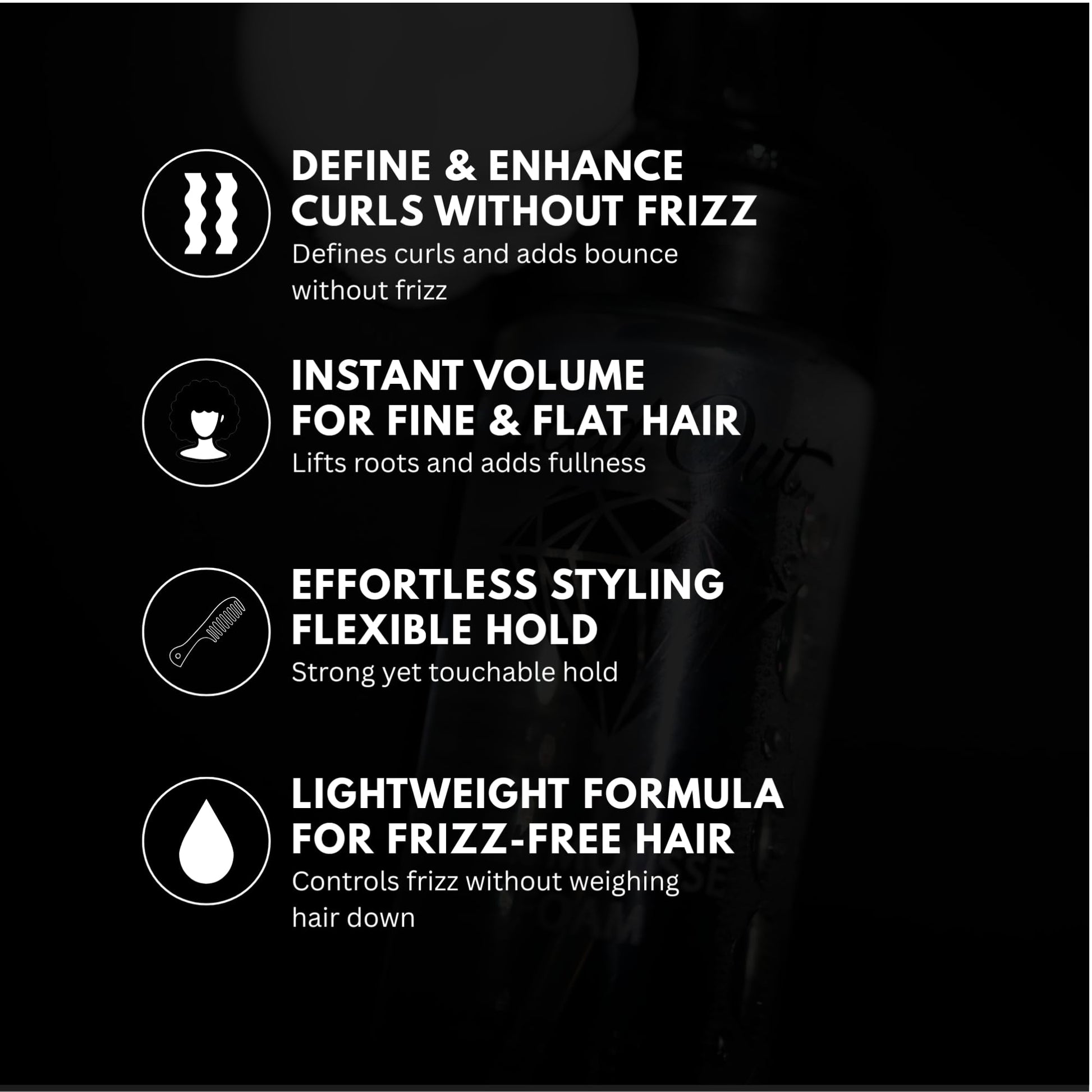Back label of premium volumizing hair mousse with usage instructions