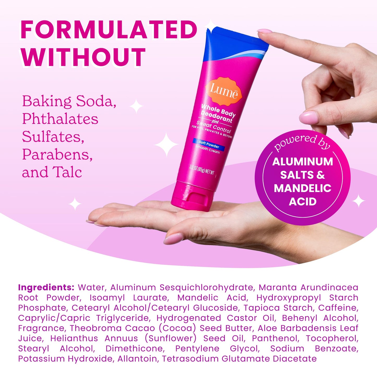 Lume sweat control cream tube for underarms and private areas