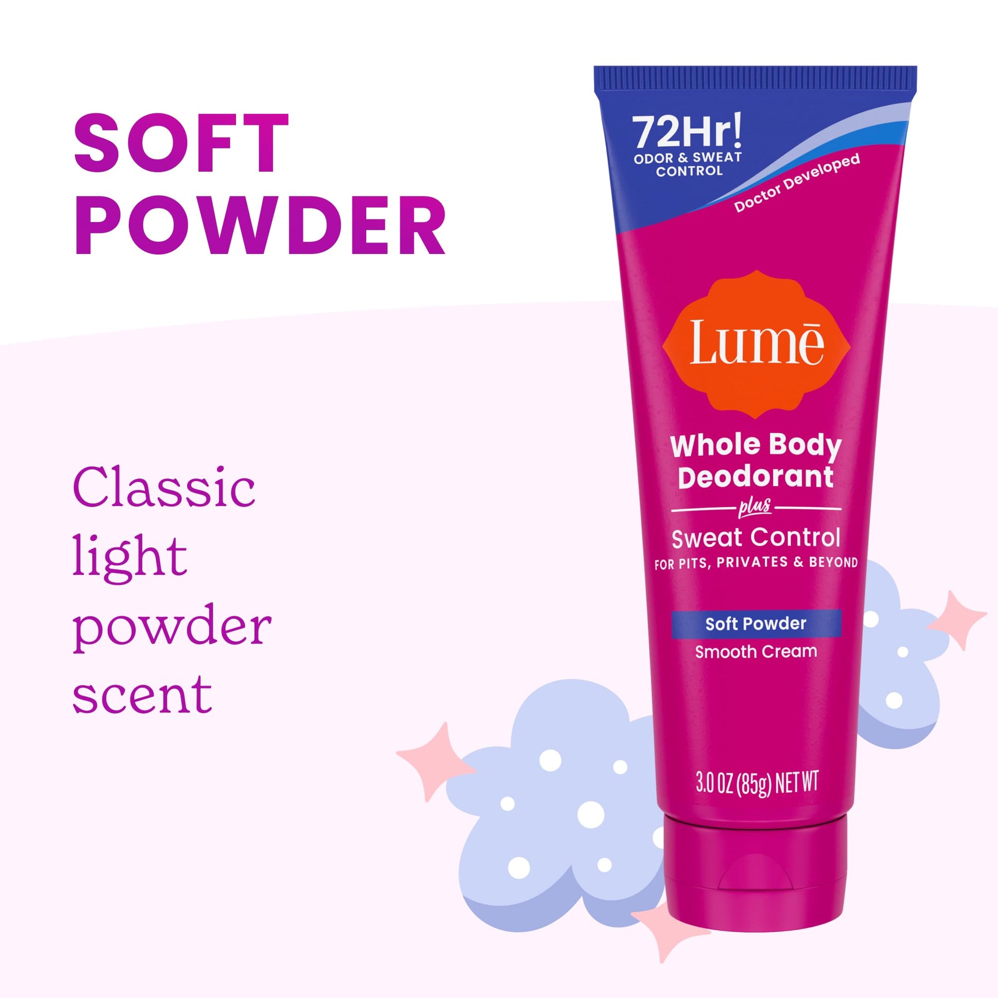 Lume Soft Powder scent three ounce deodorant tube back label
