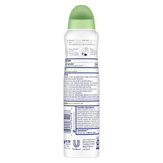 Dove cucumber green tea deodorant spray canister showing product details