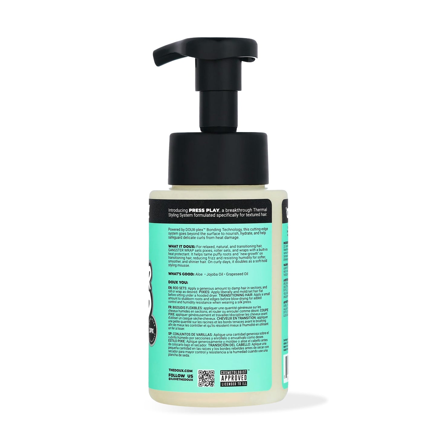 The Doux anti frizz styling mousse and thermal protectant foam closeup