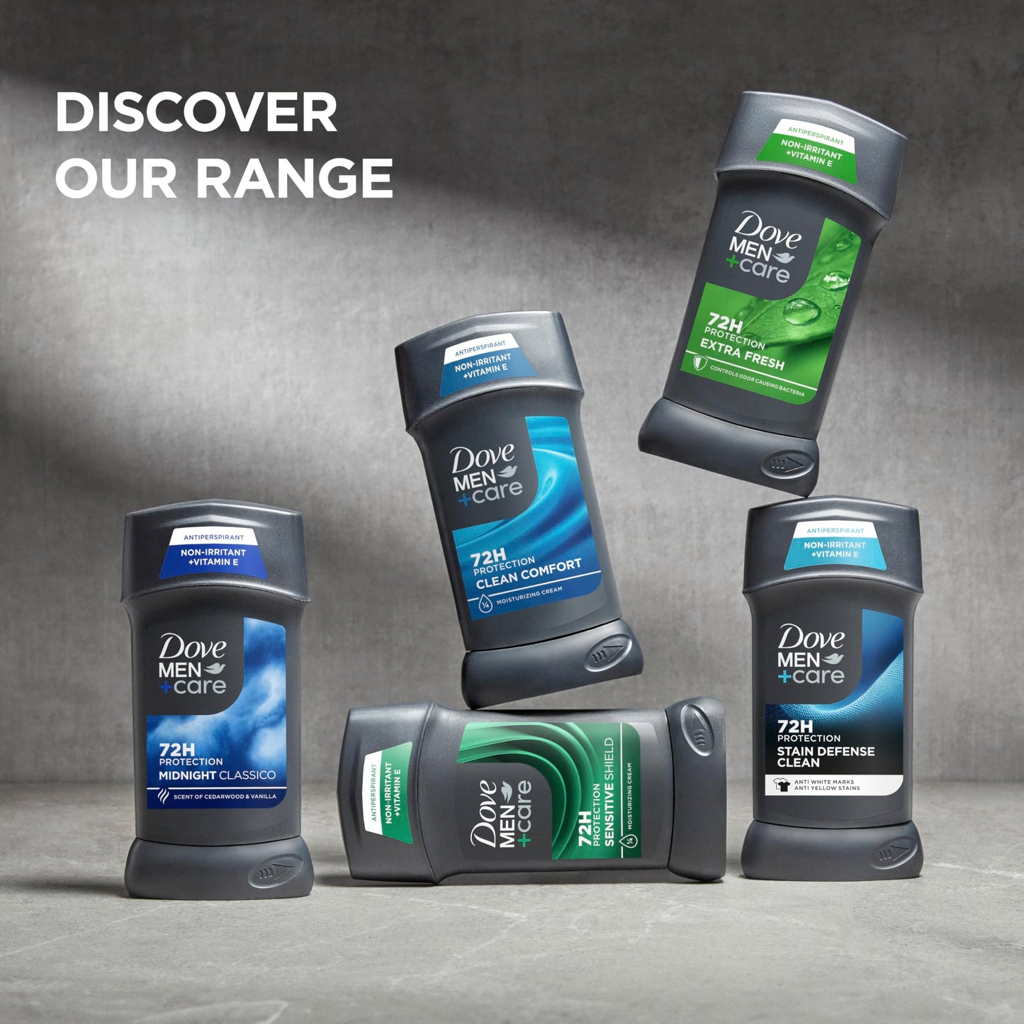 Side view of Dove Men Care non irritating men's antiperspirant showing two point seven ounce size text