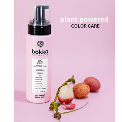 Bokka Botanika vegan hair thickening foam bottle displaying ingredients and benefits
