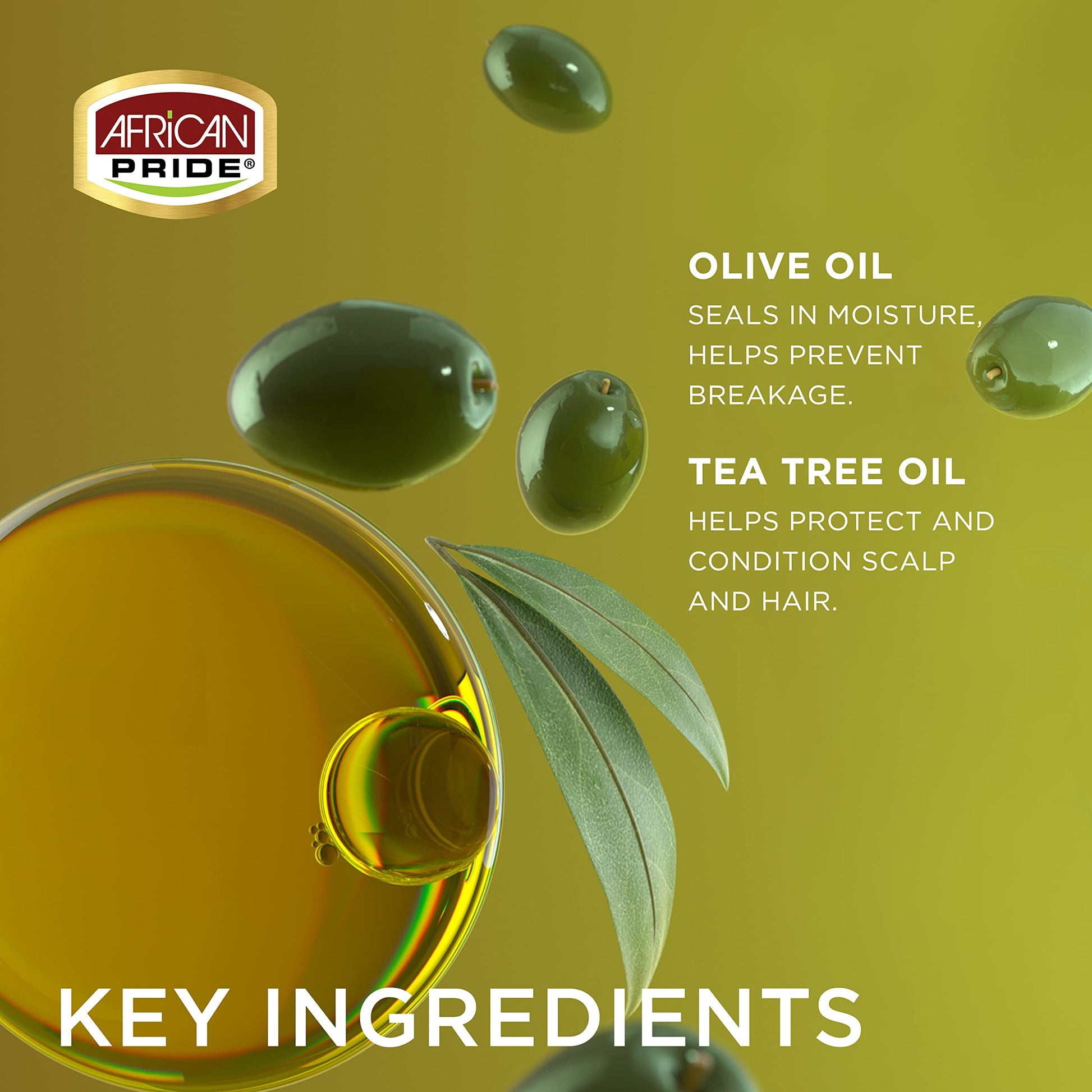Back label details of African Pride Olive Miracle mousse showcasing tea tree oil ingredients