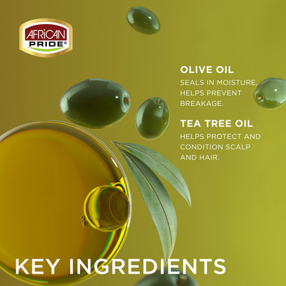 Back label details of African Pride Olive Miracle mousse showcasing tea tree oil ingredients