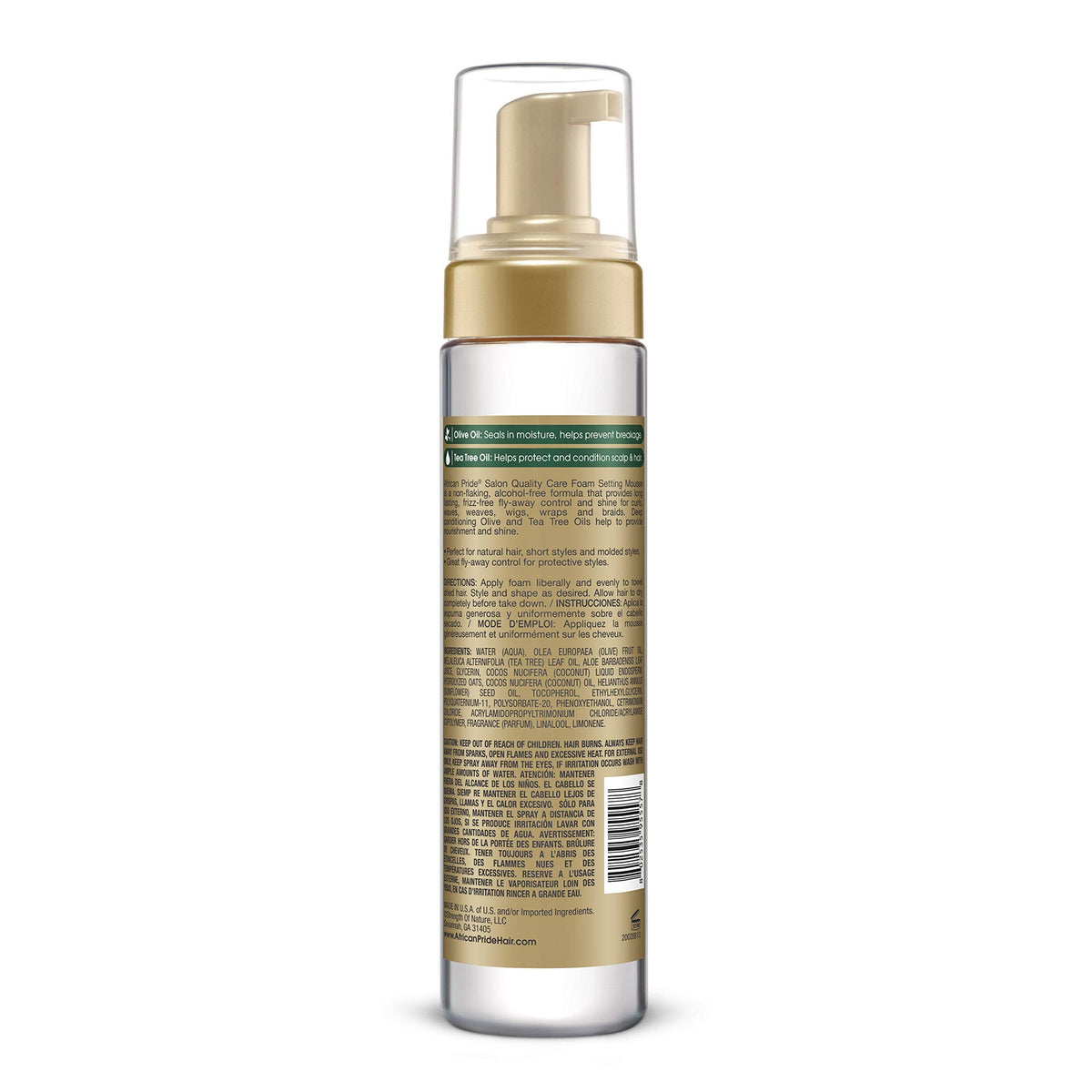 Close up of African Pride Olive Miracle mousse bottle cap and dispensing pump mechanism