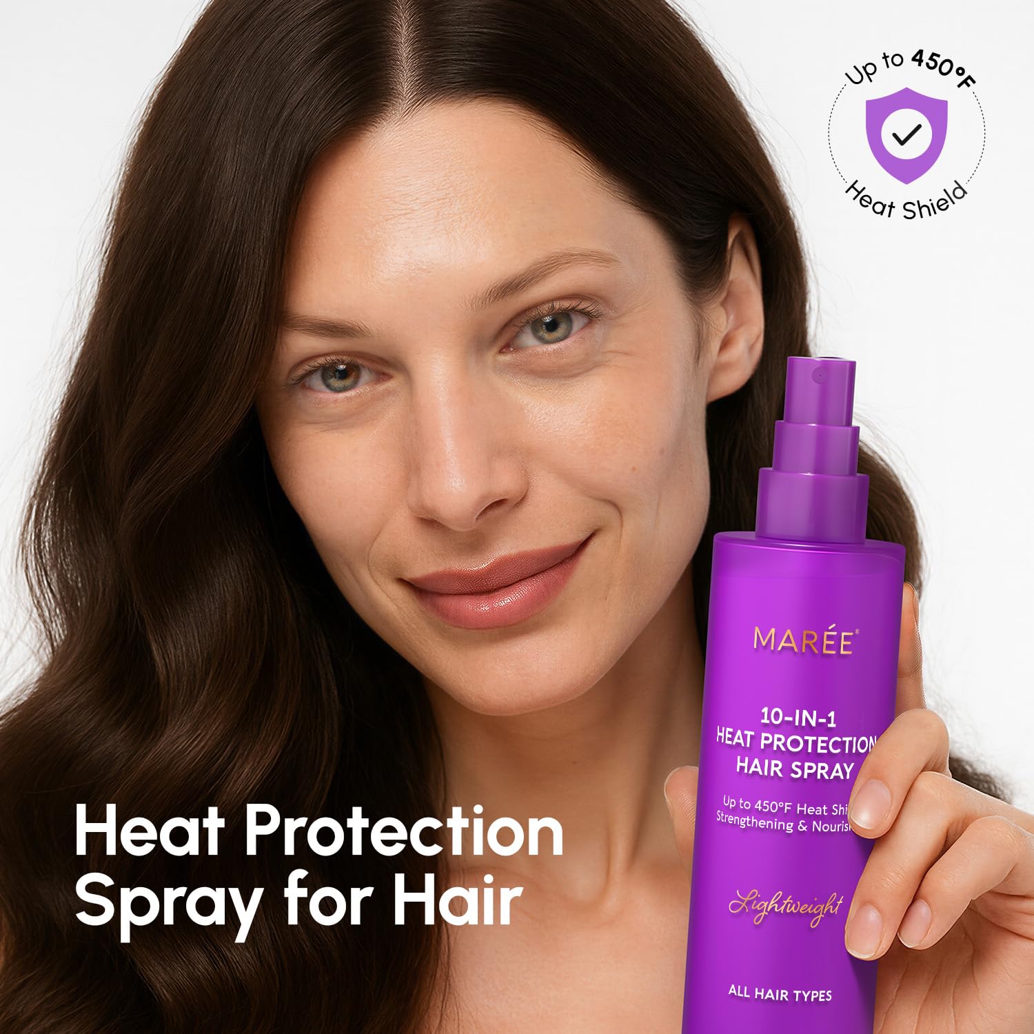 Maree heat protectant hair spray pump mechanism and application mist demonstration.
