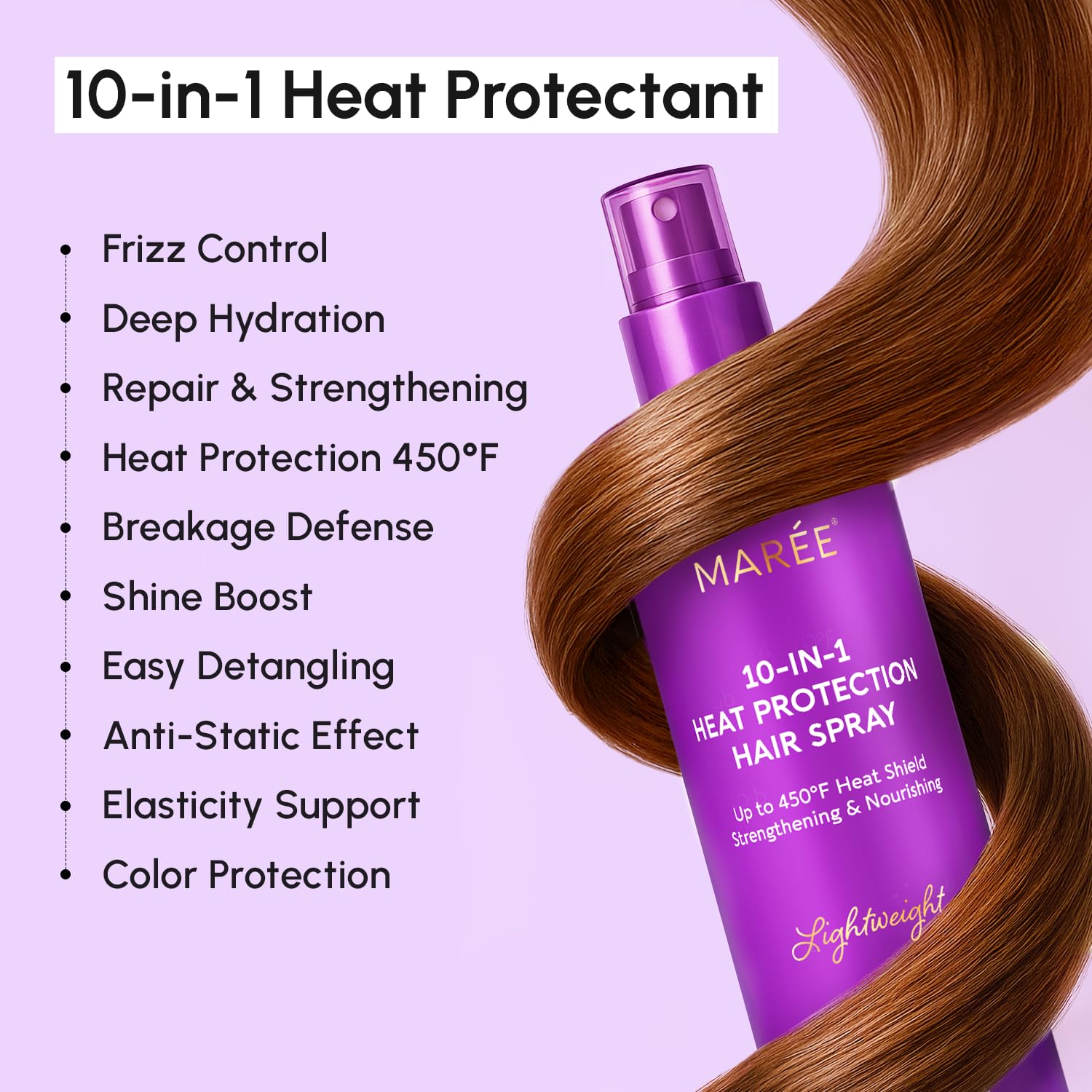 Maree anti frizz hair spray showcasing keratin and argan oil ingredients.
