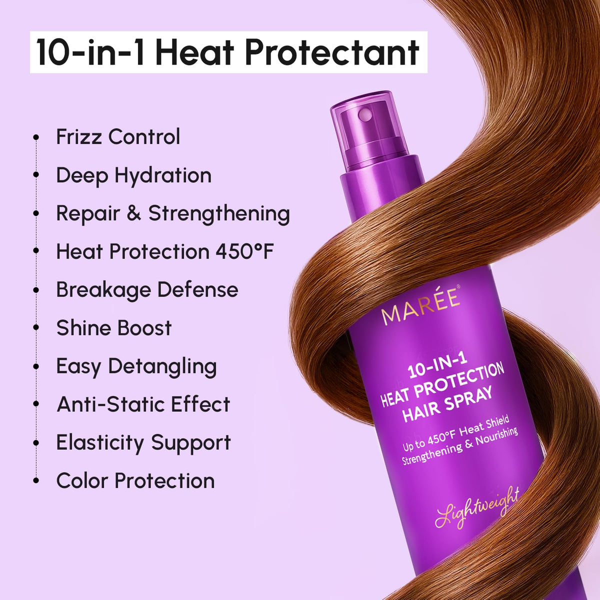 Maree anti frizz hair spray showcasing keratin and argan oil ingredients.