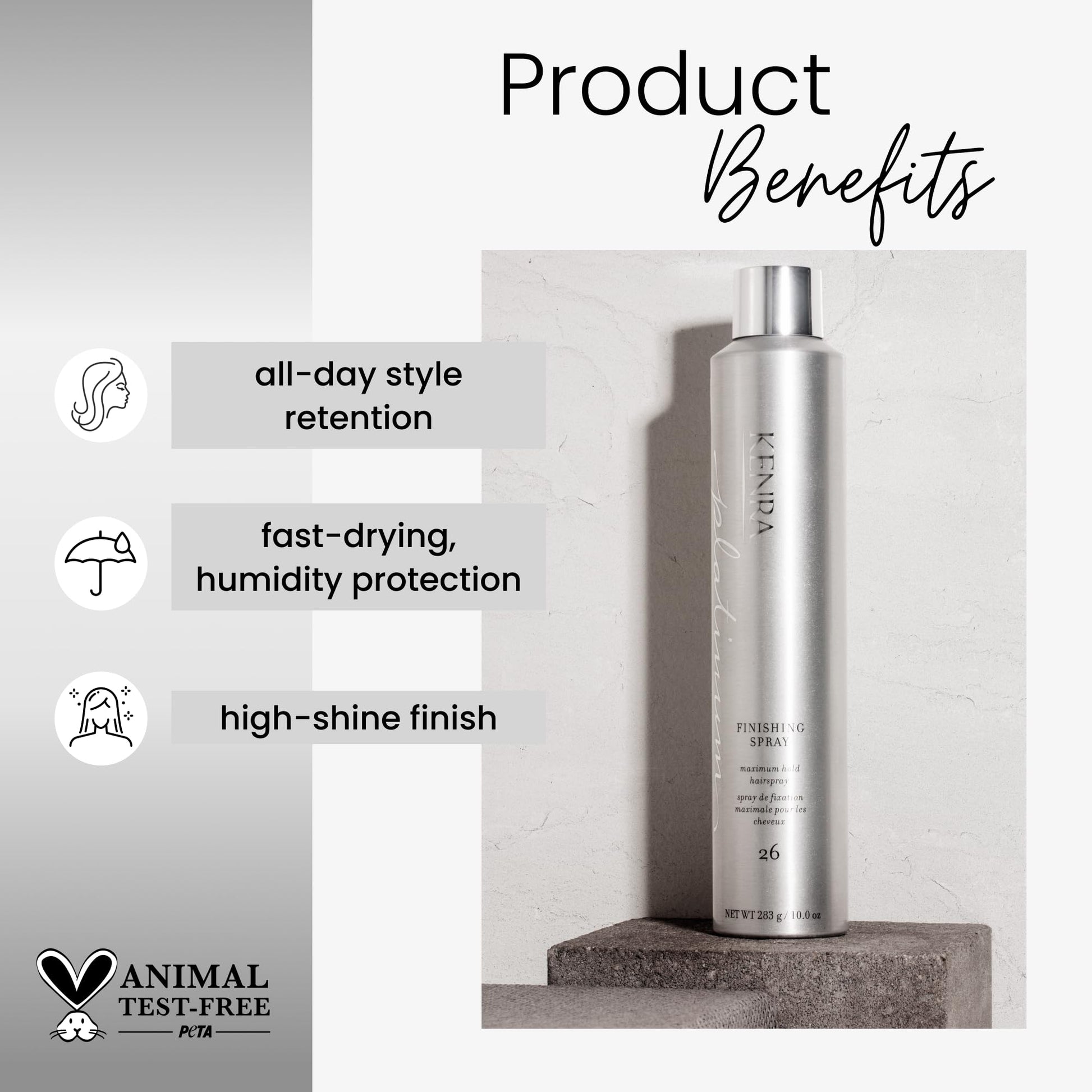 Kenra Platinum Finishing Spray 10 Ounce silver can displaying salon styling benefits