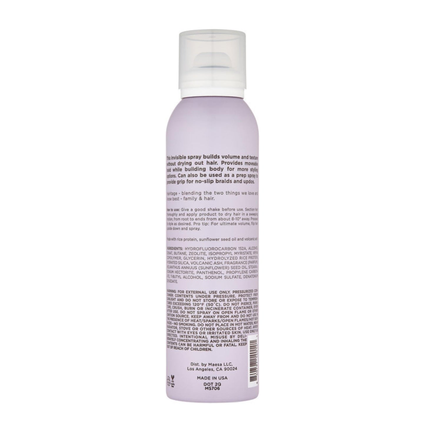 Hairitage texturizing hair spray bottle displaying ingredients list including rice protein and sunflower seed oil.