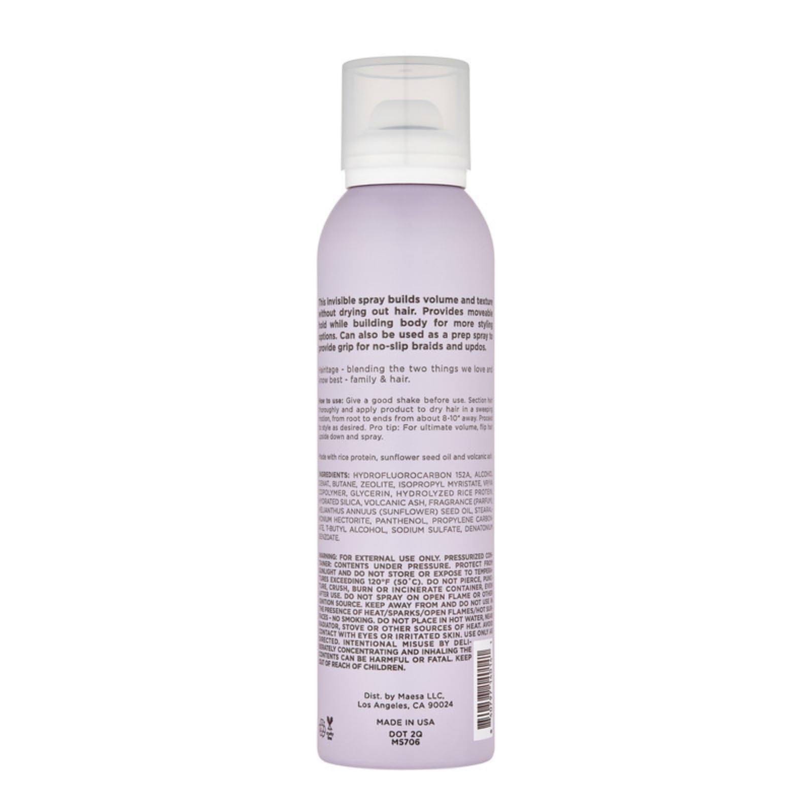 Hairitage texturizing hair spray bottle displaying ingredients list including rice protein and sunflower seed oil.