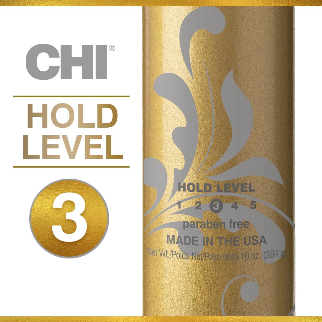 CHI Keratin flexible hold hairspray showing hold level indicator on the packaging.