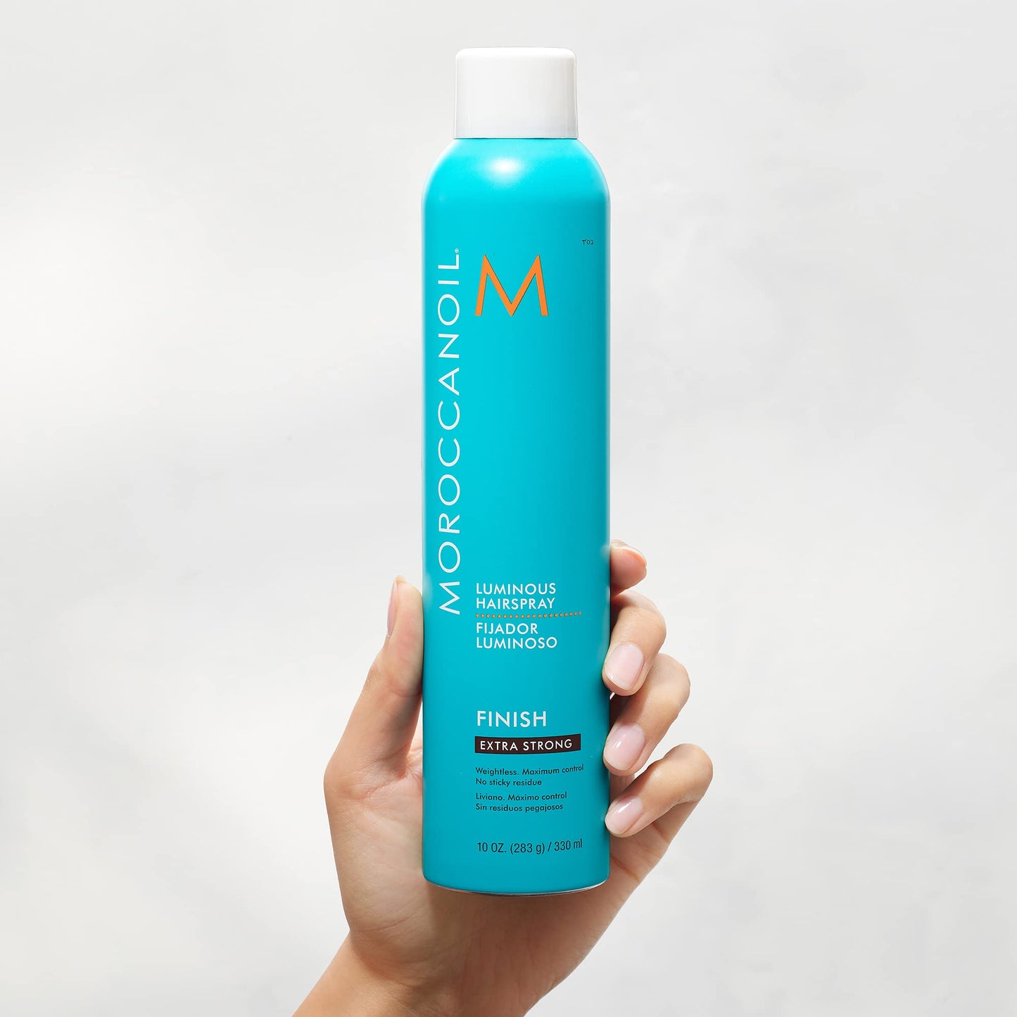 Moroccanoil 330ml extra strong hold hair spray canister angle shot