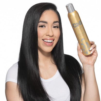 Professional hair finishing spray by CHI for smoothing flyaways and adding shine.
