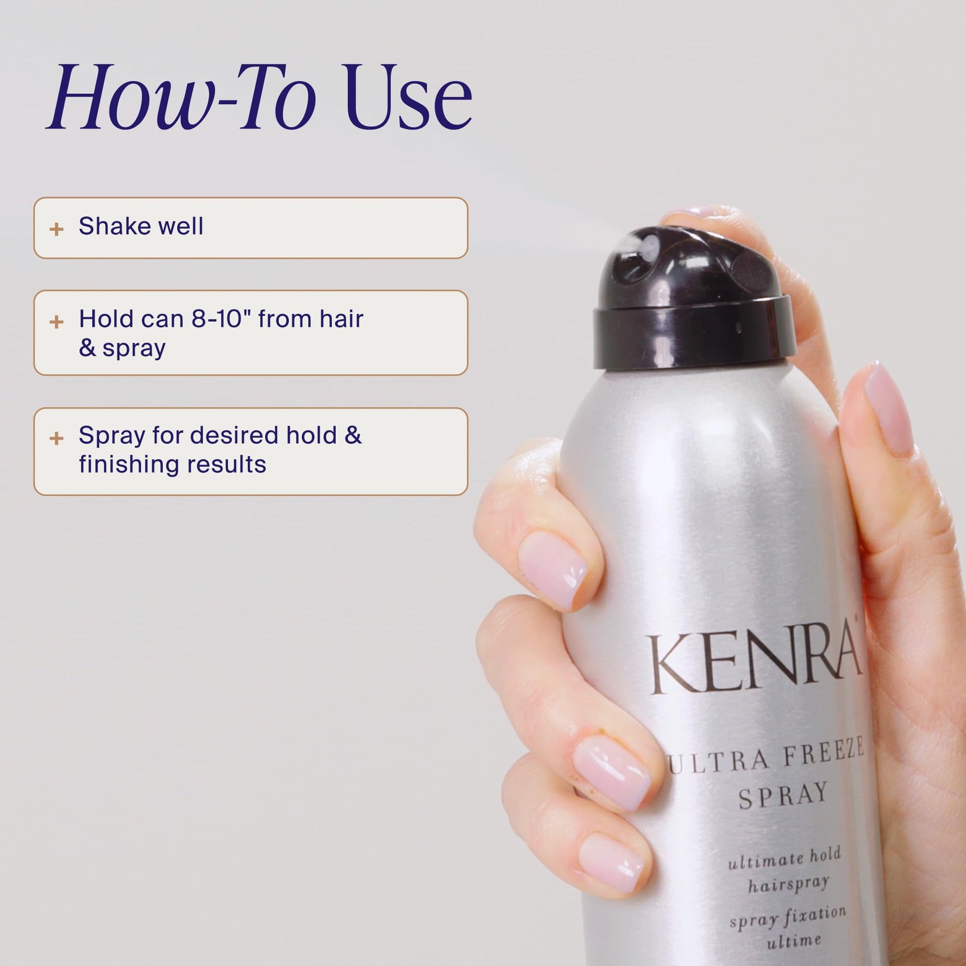Kenra professional hair styling spray nozzle and container top detailing the fast-drying aerosol design.