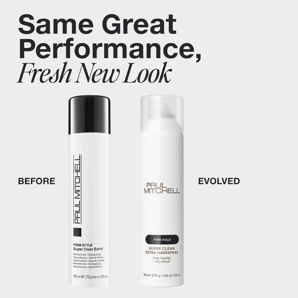 Paul Mitchell maximum firm hold hairspray showing the nozzle and fresh look packaging.