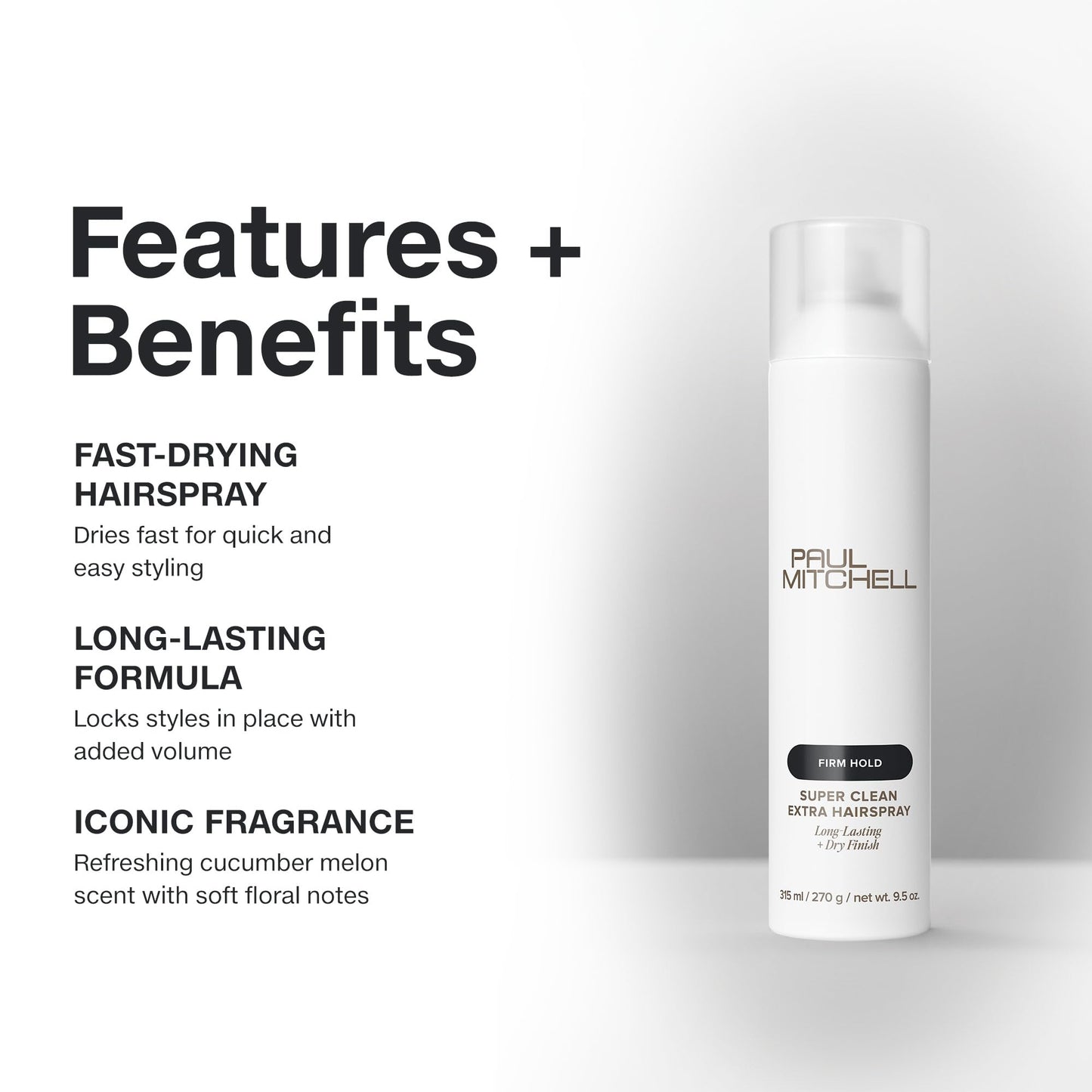 Back label of Paul Mitchell Super Clean Extra spray detailing the vegan and paraben-free formula.