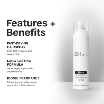 Back label of Paul Mitchell Super Clean Extra spray detailing the vegan and paraben-free formula.